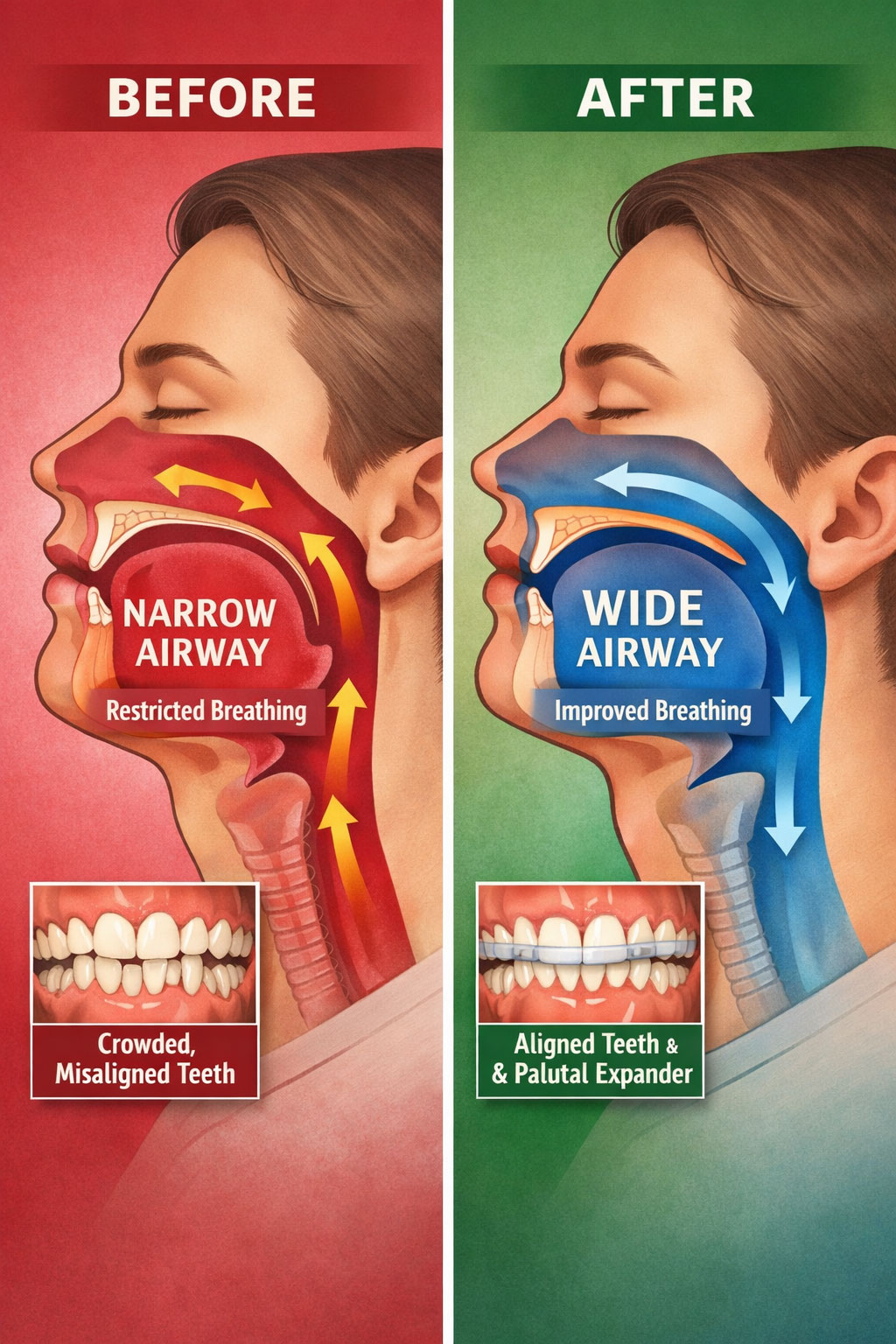 Before and after comparison showing narrow airway with crowded misaligned teeth versus wide airway with aligned teeth and palatal expander treatment at Sturgill Orthodontics in Johnson City TN